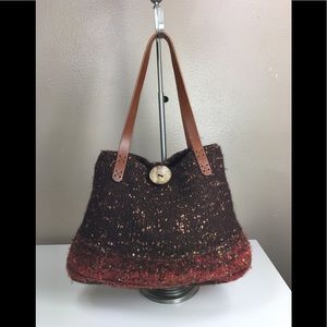 Knit purse brown rust leather straps velvet inside